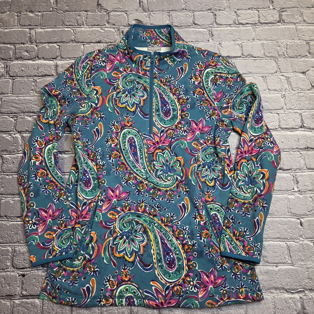 Preppy T by Talbots Teal Paisley Quarter Zip Pullover Sweatshirt - Medium
